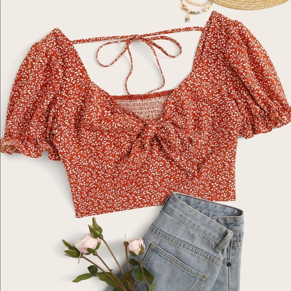 Ditsy Floral Tie Front Puff Sleeve Crop Top